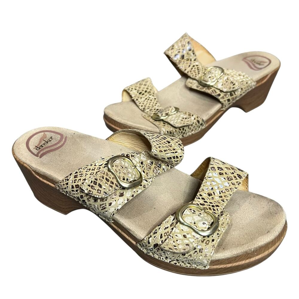 Dansko Sophie Wedge Sandals‎ 11-11.5 Beige Snakeskin Leather Slip On Clogs Shoes